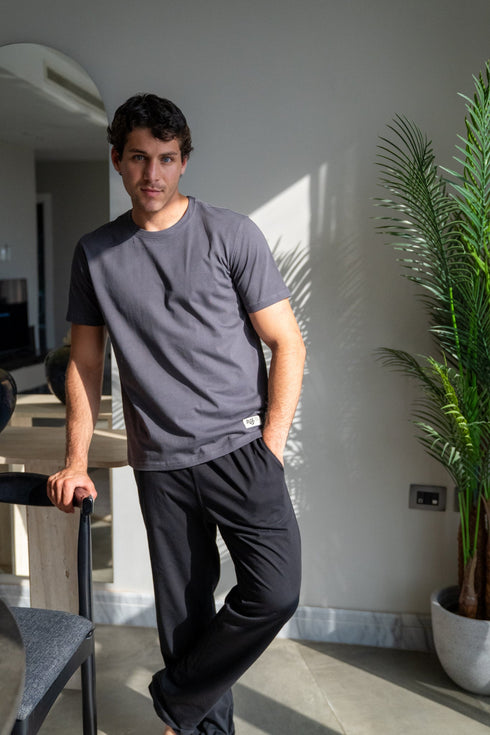Men summer pajama set Grey T-shirt + Black Pants